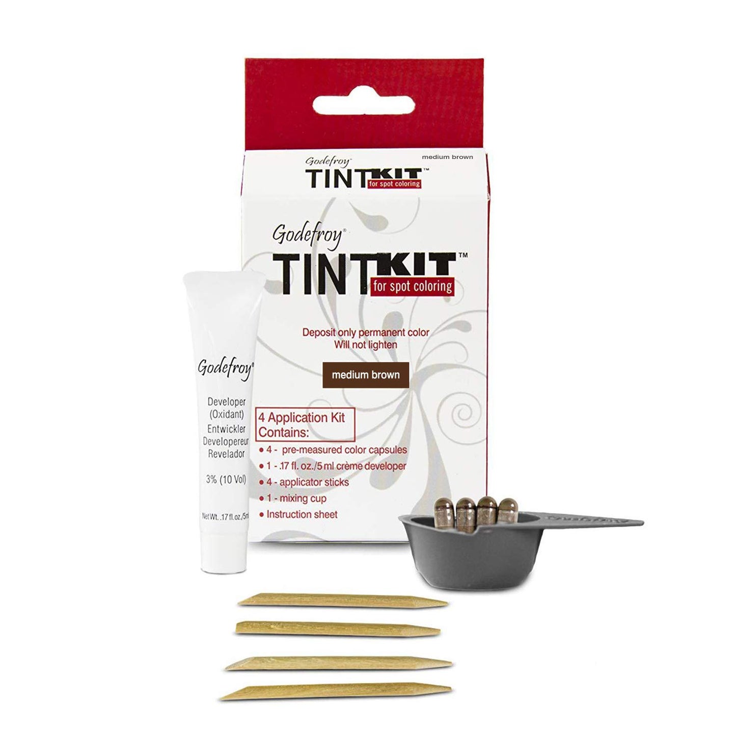 Godefroy Hair Color Kit for Spot Coloring, Covers Up Gray Hairs, Medium Brown, 4-Application Kit