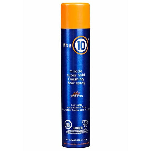 it's a 10 miracle super hold finishing hair spray plus Keratin, 10 oz.